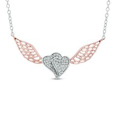 1/8 CT. T.w. Diamond Double Heart with Wings Necklace in Two-Tone Sterling Silver White Necklaces, Zales Zales, Gold Necklace Diamond, Feminine Necklace, Wings Necklace, Branch Necklace, Diamond Heart Pendant Necklace, Heart Pendants, Heart With Wings