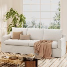 a living room with a couch, coffee table and potted plant