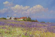 a painting of a lavender field with houses in the distance