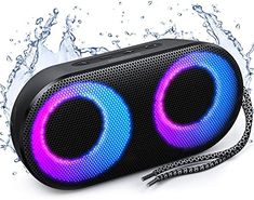 bluetooth speaker with water splashing around it and two speakers attached to the side