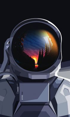 an astronaut is looking into the distance with trees in the back ground and sunset behind him