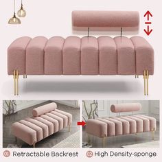 a pink couch with gold legs and an attached backrest, is shown in three different views