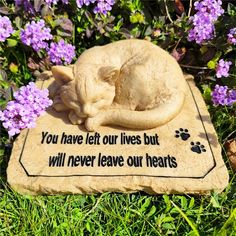 a cat sleeping on top of a stone plaque with flowers in the back ground behind it