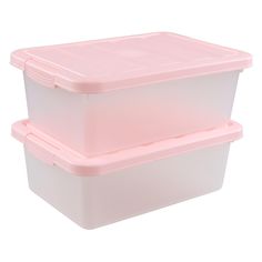 two plastic storage containers sitting side by side on top of each other, one pink and the other white