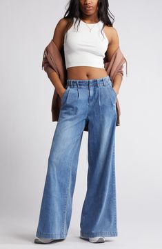 1822 Denim Pleated High Waist Super Wide Leg Jeans | Nordstrom Luxury Medium Wash Wide Leg Bottoms, Cheap Light Wash Relaxed Fit Bottoms, Luxury Cropped Jeans In Denim Blue With Tapered Leg, Cheap Denim Blue Relaxed Fit Bottoms, Luxury Light Wash Wide Leg Cropped Jeans, Cheap High-rise Rigid Denim Bottoms, Luxury Wide Leg Medium Wash Bottoms, Luxury Rigid Denim Pants With Standard Cut Leg, Luxury Rigid Denim Women's Bottoms