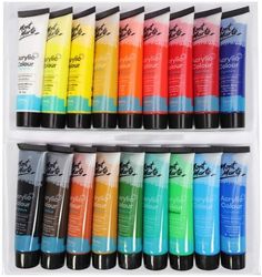 twelve tubes of acrylic paint in different colors