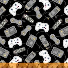 a black and white background with video game controllers