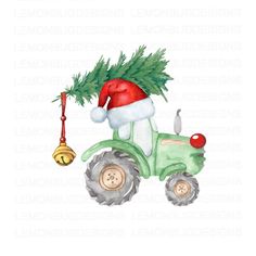 a tractor with a christmas tree on it's back and a bell hanging from the front