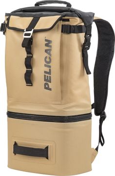 the pelican back pack is tan and has black straps on one side, while the