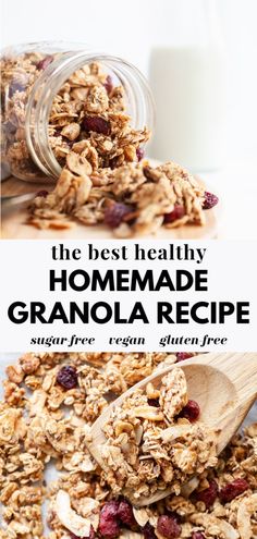 granola recipe in a glass jar next to a wooden spoon filled with granola