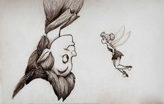 a drawing of a bird flying next to a cartoon character with an angry look on his face