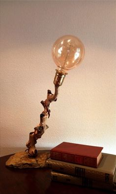 a lamp sitting on top of a wooden table next to books and a light bulb