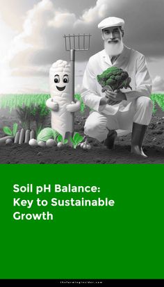 a man kneeling down next to a broccoli plant with the caption soil ph balance key to suitable growth