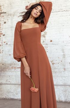 Wedding Guest Dress Simple, Coming Soon Photo, Wedding Guest Dress Inspiration, Wedding Guest Dress Ideas, Rust Color Dress, Simple Long Dress, Rust Wedding, Jenny Yoo Collection