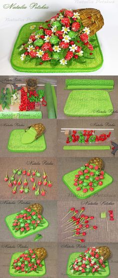 the steps to make a flower arrangement with fondant flowers and strawberries on them