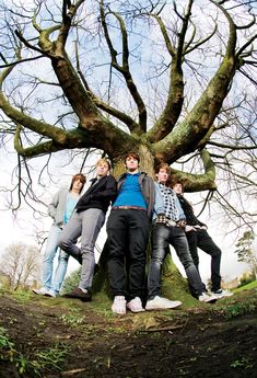 four people are standing in front of a large tree with no leaves on the branches