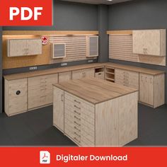 an image of a kitchen setting with cabinets and drawers on the counter top in 3d