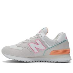 The New Balance 574 'Nimbus Cloud Peach Glaze' is a stylish sneaker with a modern silhouette. Crafted with a combination of natural suede and EVA midsole, it features ENCAP® technology for enhanced cushioning and stability. The combination of grey, pink and orange colors gives the sneaker a unique look. Perfect for everyday wear, this sneaker provides superior support and comfort. Inspired by the beauty of the clouds, this sneaker is part of the Nimbus Cloud series. Get your pair of the New Balance 574 'Nimbus Cloud Peach Glaze' and stay stylish and comfortable all day. (SNKR/Retro/Low Top/Women's) New Balence Shoes, New Balance 574 Nimbus Cloud, Cute Back To School Shoes, Cute New Balance Shoes, Peach Glaze, On Cloud Shoes, Nimbus Cloud, Cloud Shoes, Preppy Shoes