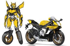 a yellow and black motorcycle next to each other on a white surface with an image of a robot behind it