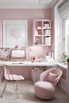 a home office with pink walls and white furniture, including a chair that is upholstered in the corner