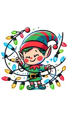 an elf with christmas lights around him and his hands in the air, surrounded by garlands