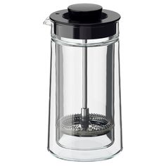 a glass french press coffee maker with a black lid and plastic strainer on the bottom