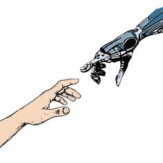 a hand reaching out towards a robot holding something in it's palm