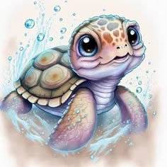 a drawing of a sea turtle in the water with bubbles on it's back