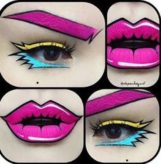 maquillaje tutorial Comic Book Face Paint, Cartoon Makeup Looks, Pop Art Makeup Ideas, Pop Art Halloween Makeup, 80s Cartoon Costumes, Pop Art Halloween Costume, Comic Book Makeup, Extreme Make-up, Pop Art Party