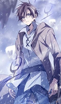 an anime character standing in the snow with his hand on his hip and looking at something