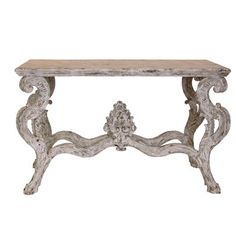 an old wooden table with ornate carvings on it's legs and wood top, against a white background