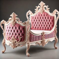 an ornately decorated bed with pink velvet upholstered