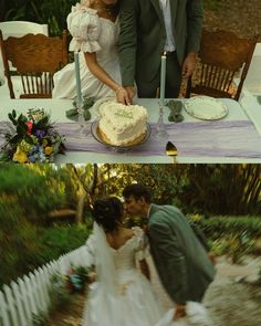 a couple is cutting their wedding cake at the table