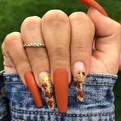 🏵️🍁🍂 Matte Burnt Orange with Autumn Leaf Sequins and Metallic Foil Flakes on long Coffin Nails 👌 • 💅 Nail Artis Orange Nail, Fall Nail Art Designs, October Nails, Cute Acrylic Nail Designs, Fall Acrylic Nails, Coffin Shape Nails, Thanksgiving Nails, Ballerina Nails, Fall Nail Art