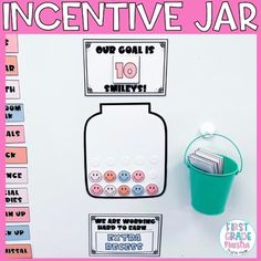 a pink and white poster with words on it that say, incentive jar