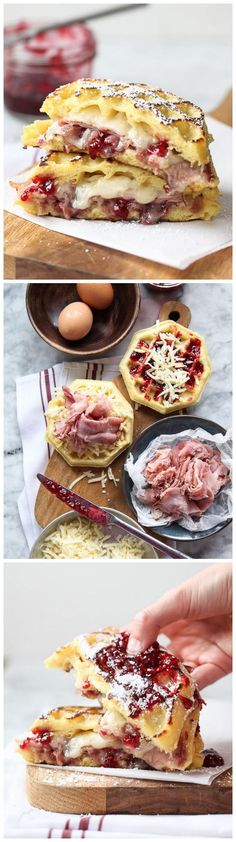 there are three pictures of different food items on the table and one is being cut into pieces