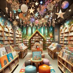 the children's book store is decorated with colorful lights and bookshelf decorations