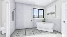 a white bathroom with a tub, toilet and shower in the corner next to an open door