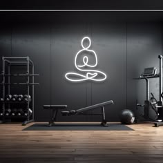 an exercise room with a neon sign above the bench and gym equipment in front of it