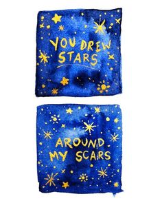 two pieces of blue and yellow fabric with words written on them, in gold stars