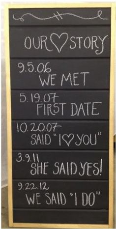 a blackboard with writing on it that says, we met first date 10 20