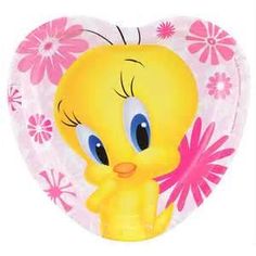 a heart shaped paper plate with a yellow bird on it's face and pink flowers in the background