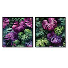 two paintings of purple flowers and green leaves