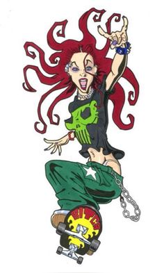 a woman with red hair and green pants on top of a skateboard in the air