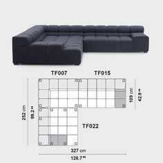 the sectional sofa is shown with measurements for each seat and back side, along with an additional footstool