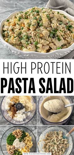 high protein pasta salad in a bowl with the title above it and images below to make it