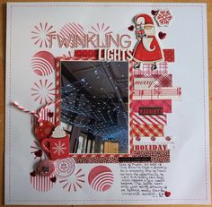 a christmas card with a santa clause holding a red coffee mug and lights in the background