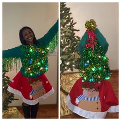 a woman is dressed up as a christmas tree