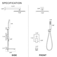 the side and front view of a shower faucet, with measurements for each section