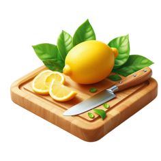 a cutting board topped with lemons and a knife